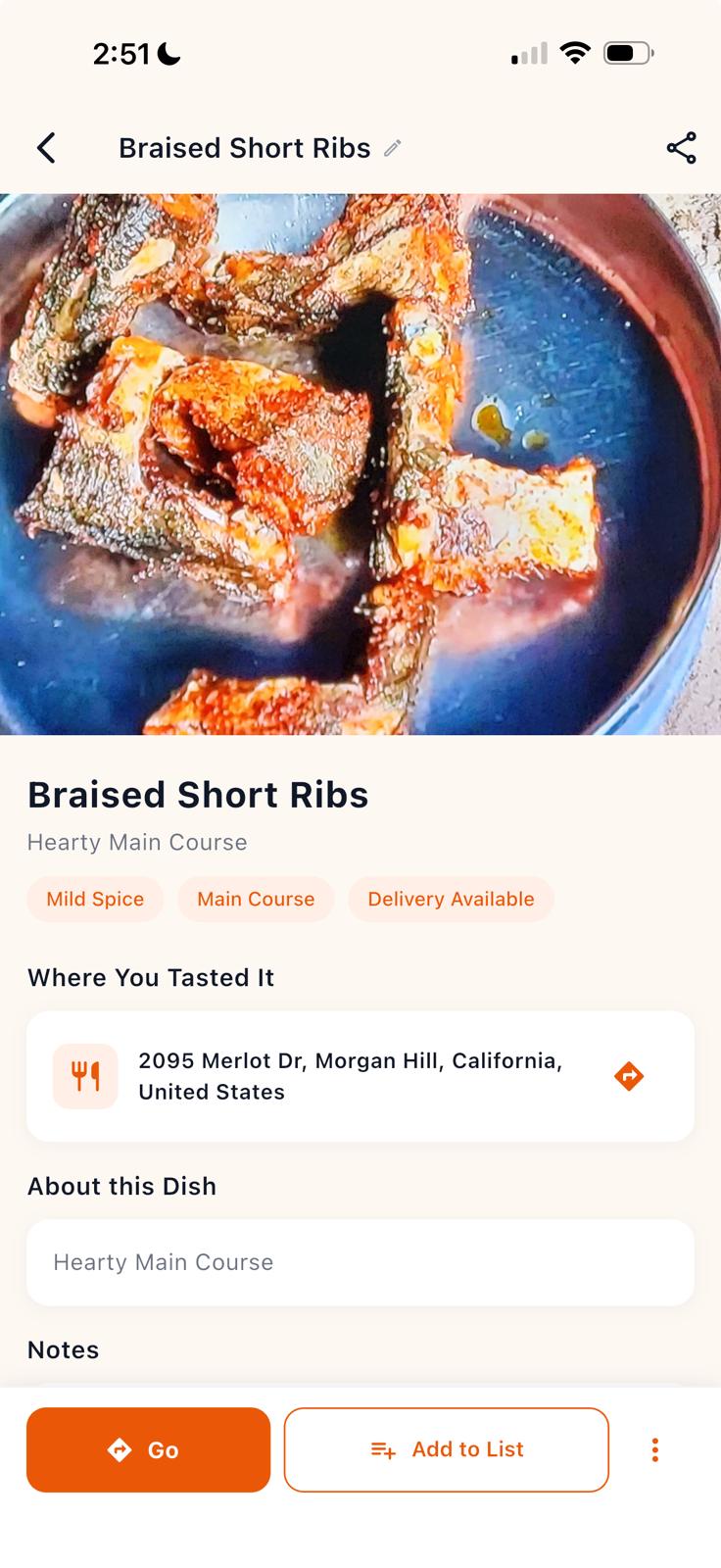Blinko app showing a saved dish