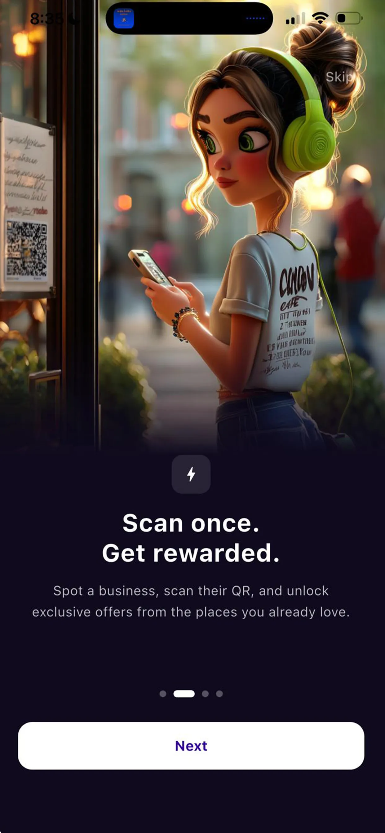 Blinko onboarding — scan once, get rewarded with QR sticker on a shop window