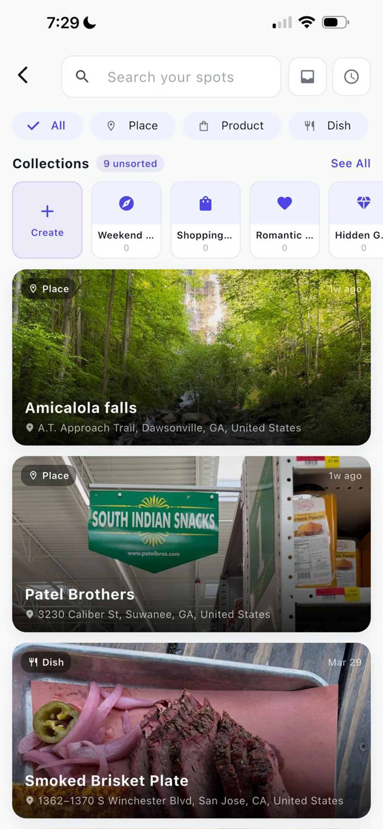 Blinko spots screen with Collections row: Weekend, Shopping, Romantic, Hidden Gems