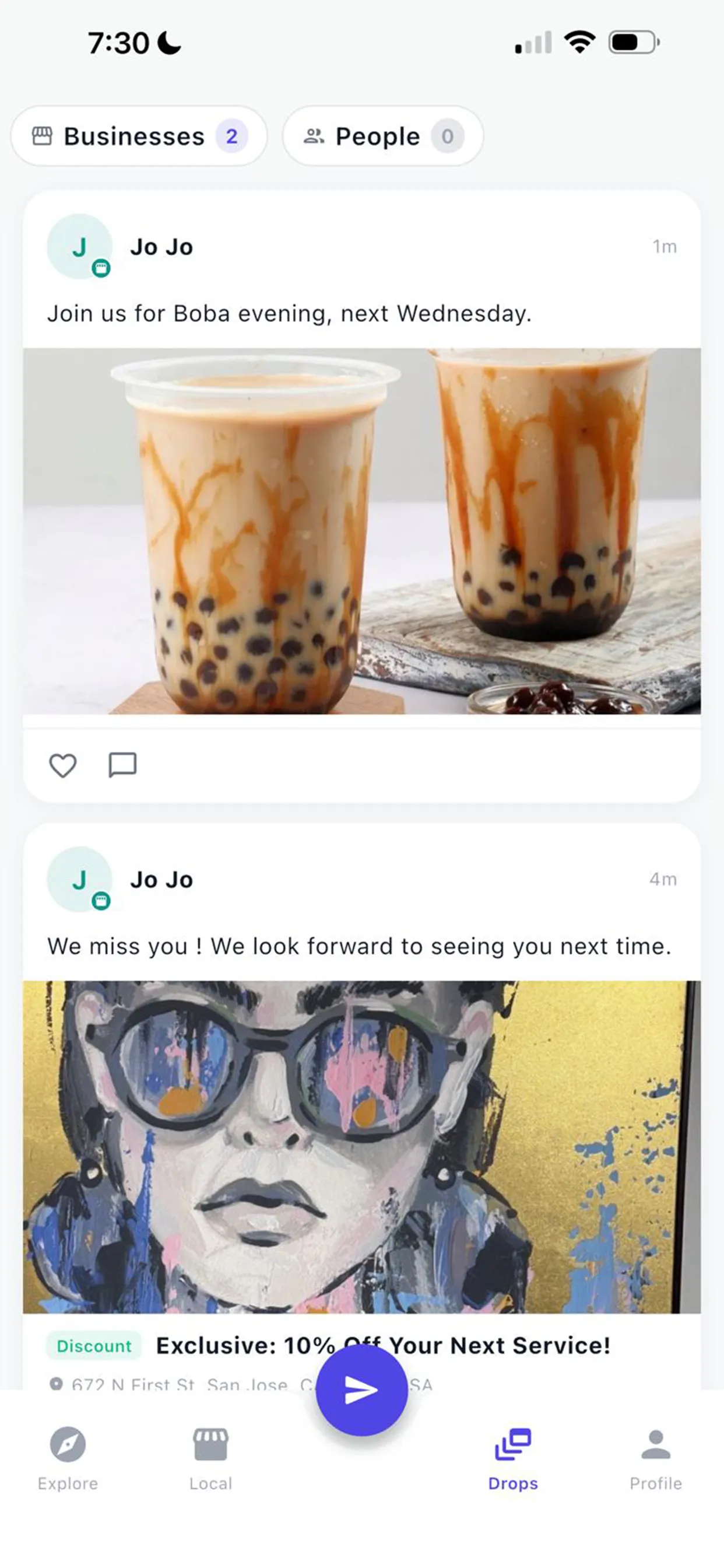 Blinko Drops feed showing a 10% discount coupon from Jo Jo