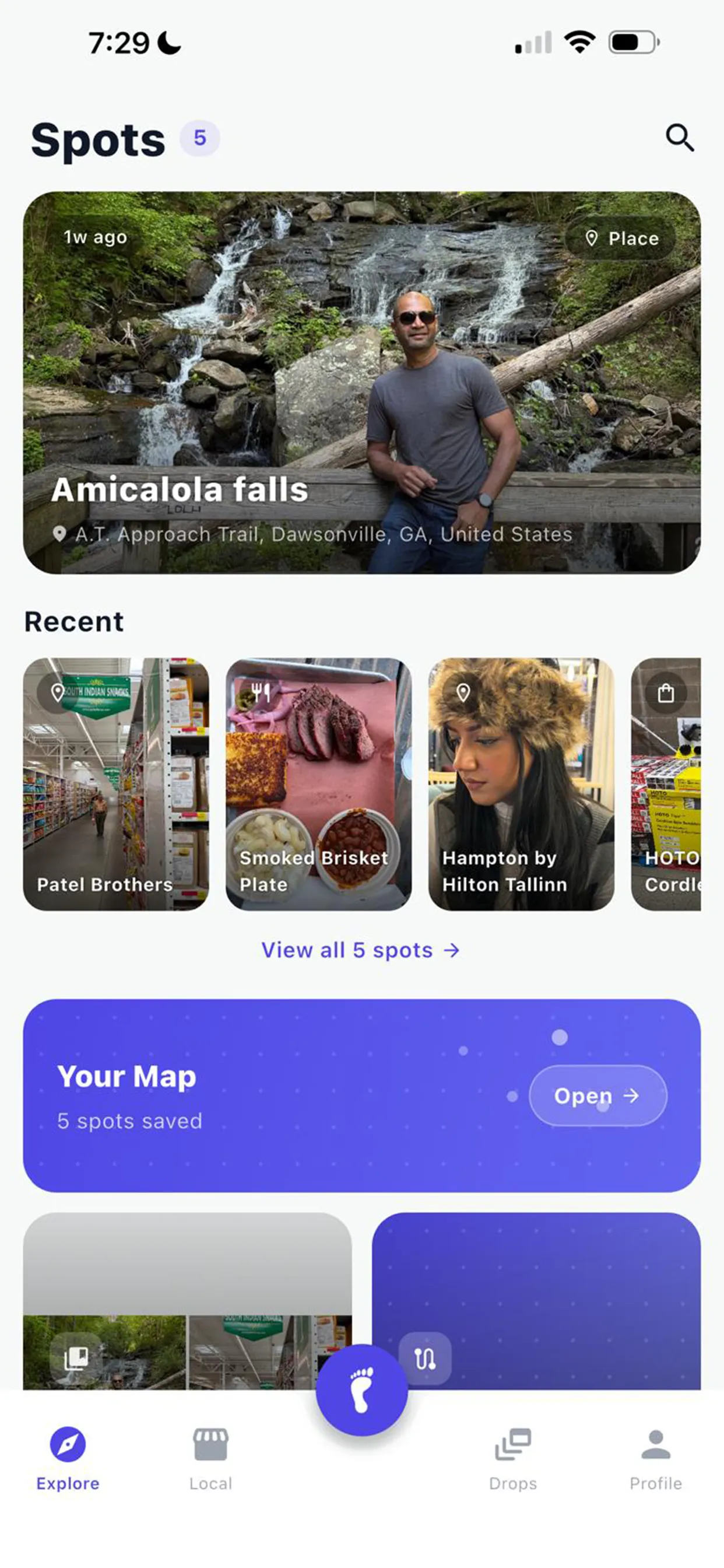 Blinko spots feed showing saved places like Amicalola falls