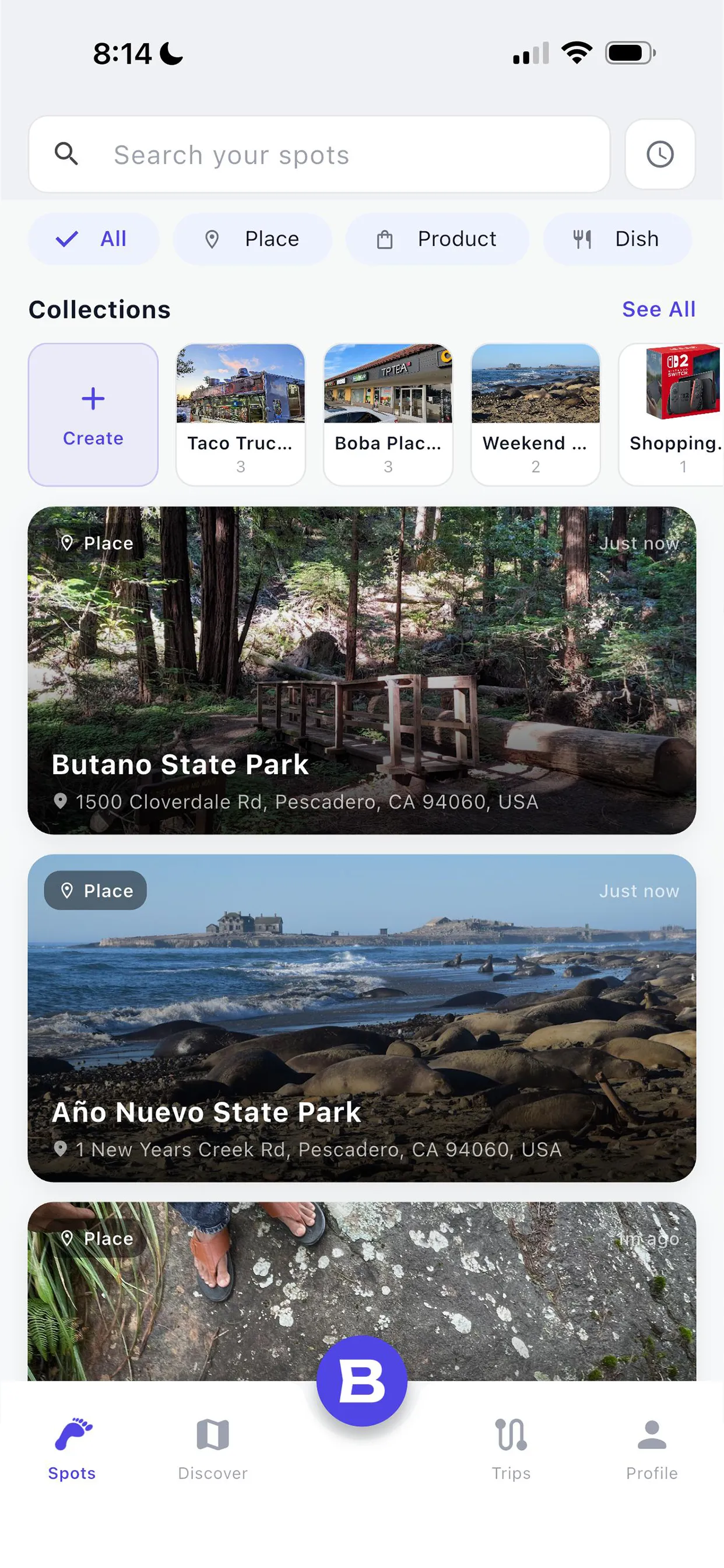 Blinko spots list with collections like Taco Trucks and Boba Places