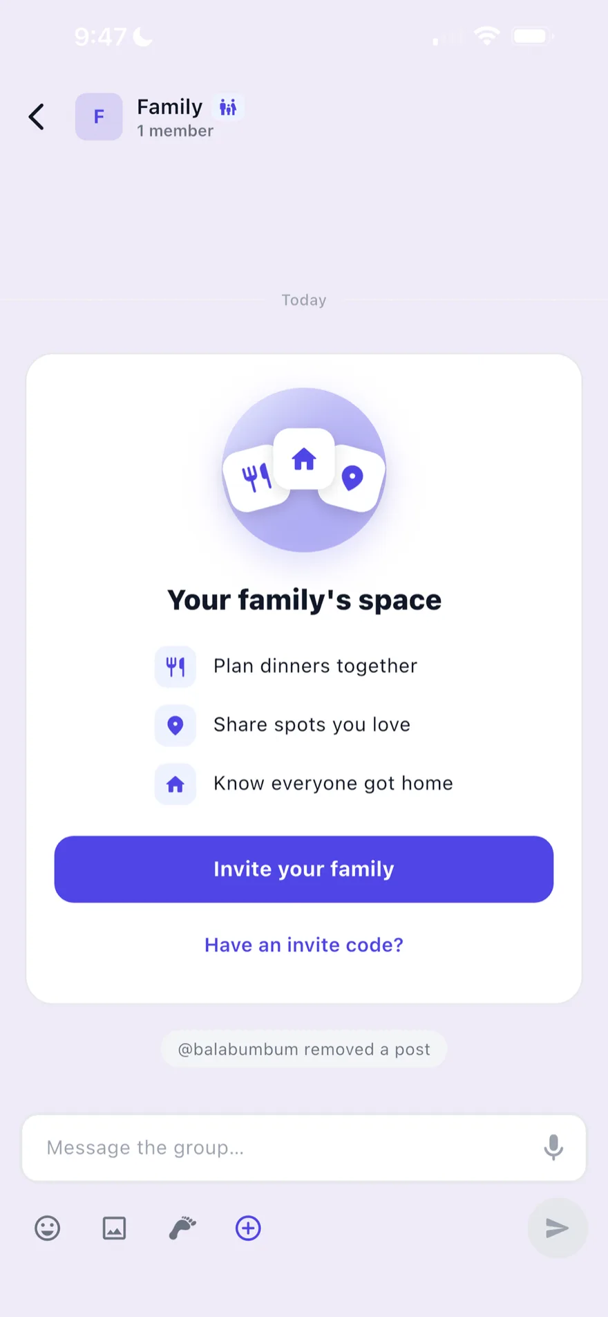 The Blinko Family welcome screen — plan dinners together, share spots you love, know everyone got home