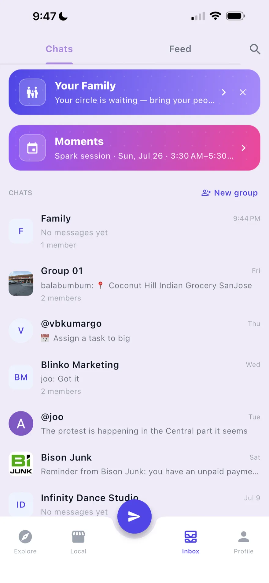 The Blinko Inbox — family circle, group chats, and direct messages in one place