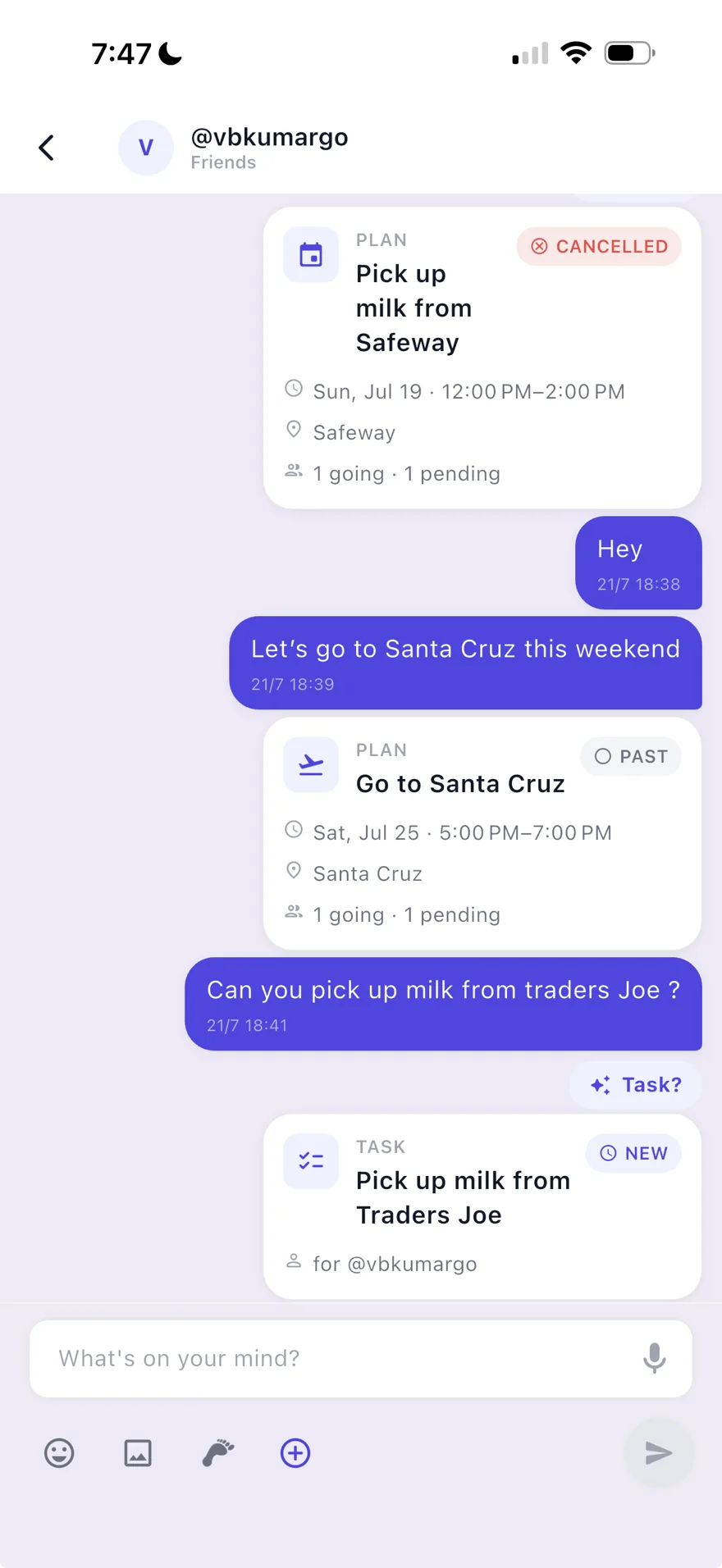 A Blinko chat where messages become plan cards with RSVPs and an assigned task