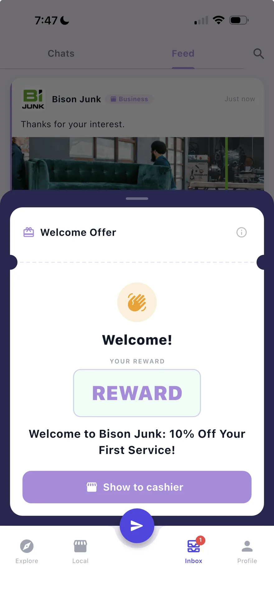 A welcome offer from a local business in Blinko — 10% off, shown to the cashier
