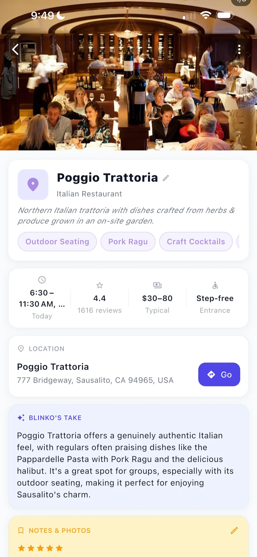 A saved restaurant in Blinko with hours, pricing, tags, and Blinko's Take