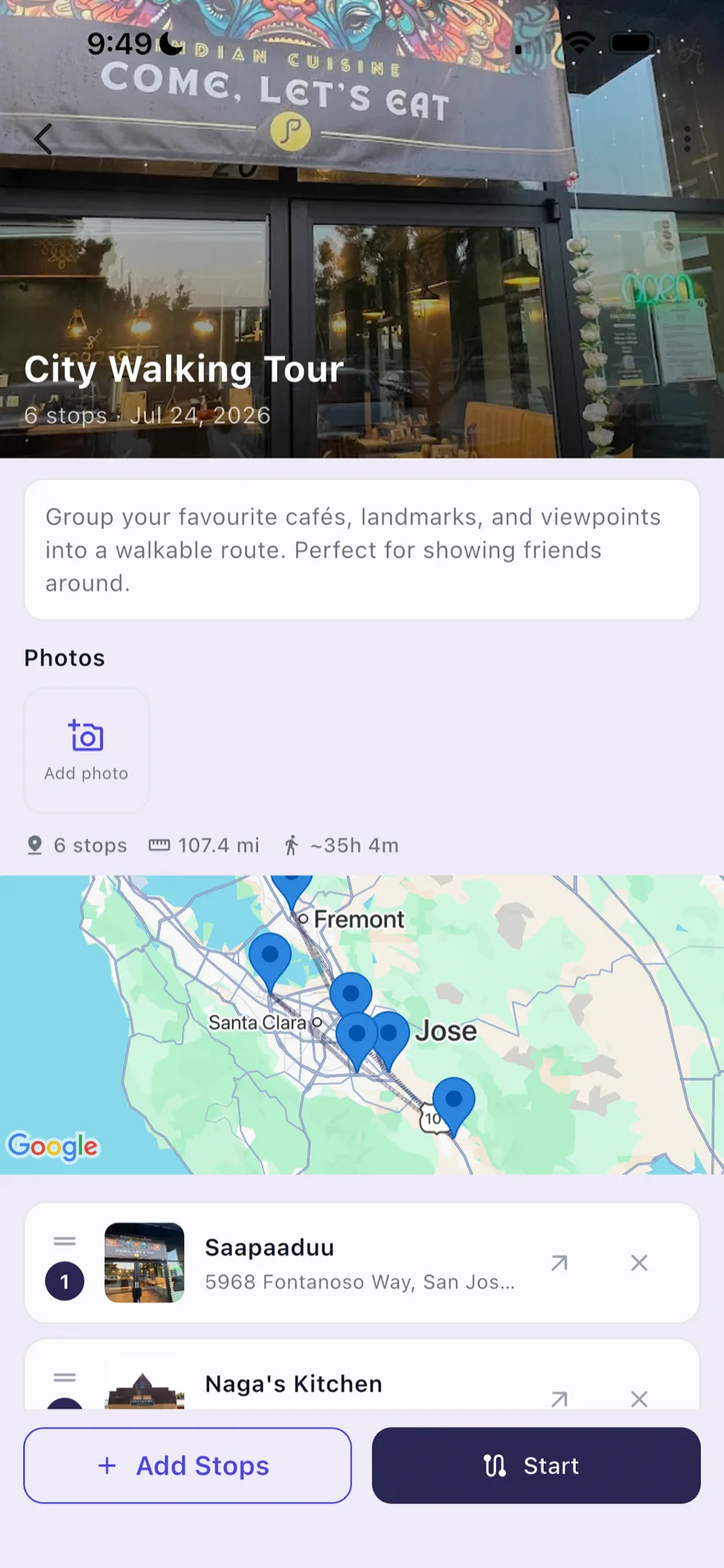 A Blinko trip — six saved spots mapped into a walkable route